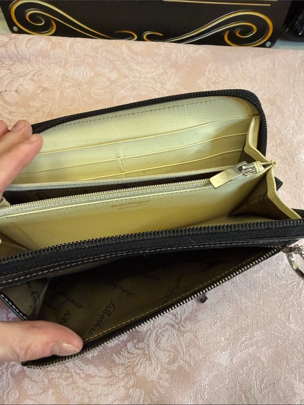Salvatore Ferragamo Black Leather Zip Wallet with Silver Hardware